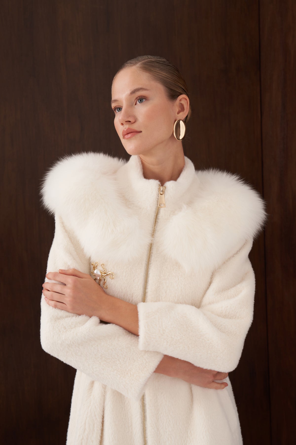 Fermuar Triko ve Kürk Detaylı Angora Kaban - ekru