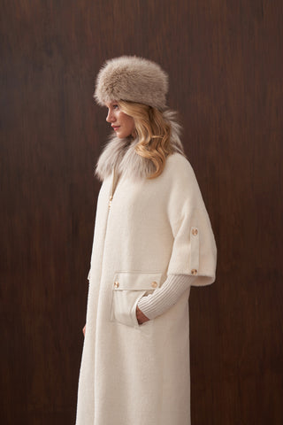 Deri Cep Detaylı Kürklü Angora Kaban - ekru