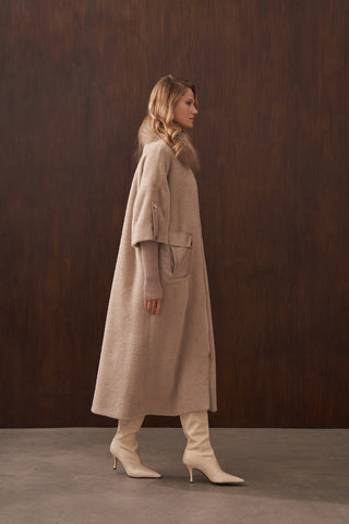 Deri Cep Detaylı Kürklü Angora Kaban - koyu bej