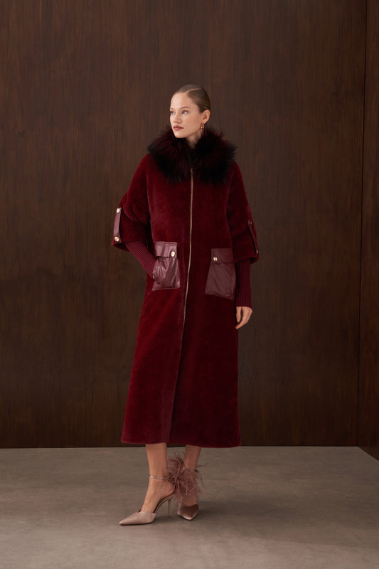 Deri Cep Detaylı Kürklü Angora Kaban - bordo