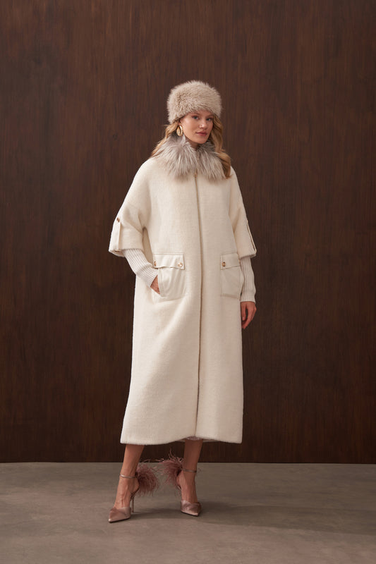 Deri Cep Detaylı Kürklü Angora Kaban - ekru