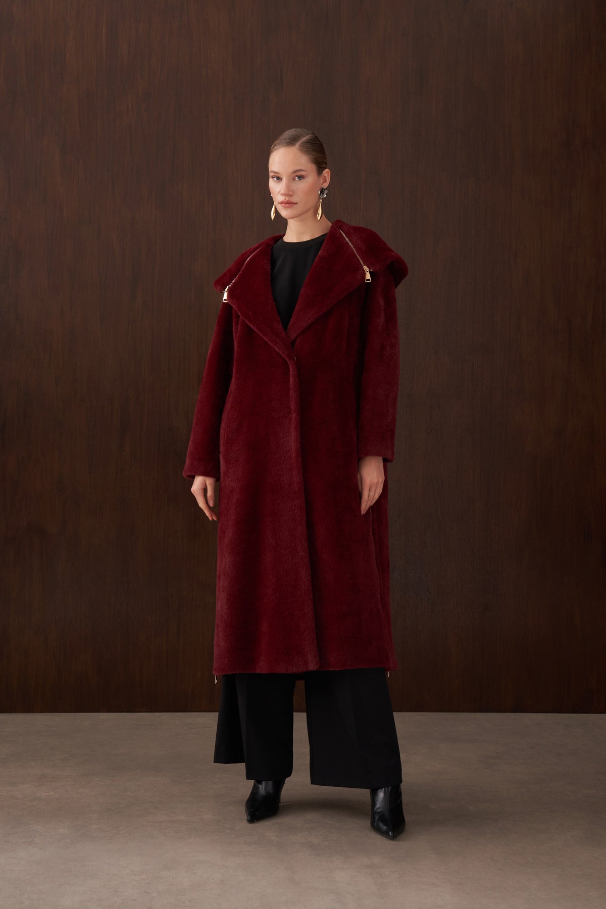 Fermuar Detaylı Kapüşonlu Angora Kaban - bordo