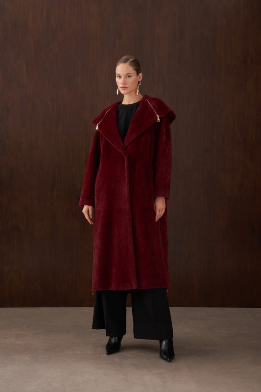 Fermuar Detaylı Kapüşonlu Angora Kaban - bordo