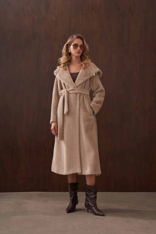 Fermuar Detaylı Kapüşonlu Angora Kaban - koyu bej