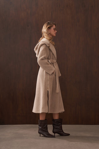 Fermuar Detaylı Kapüşonlu Angora Kaban - koyu bej