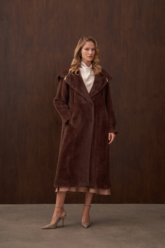 Fermuar Detaylı Kapüşonlu Angora Kaban - kahve