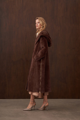 Fermuar Detaylı Kapüşonlu Angora Kaban - kahve