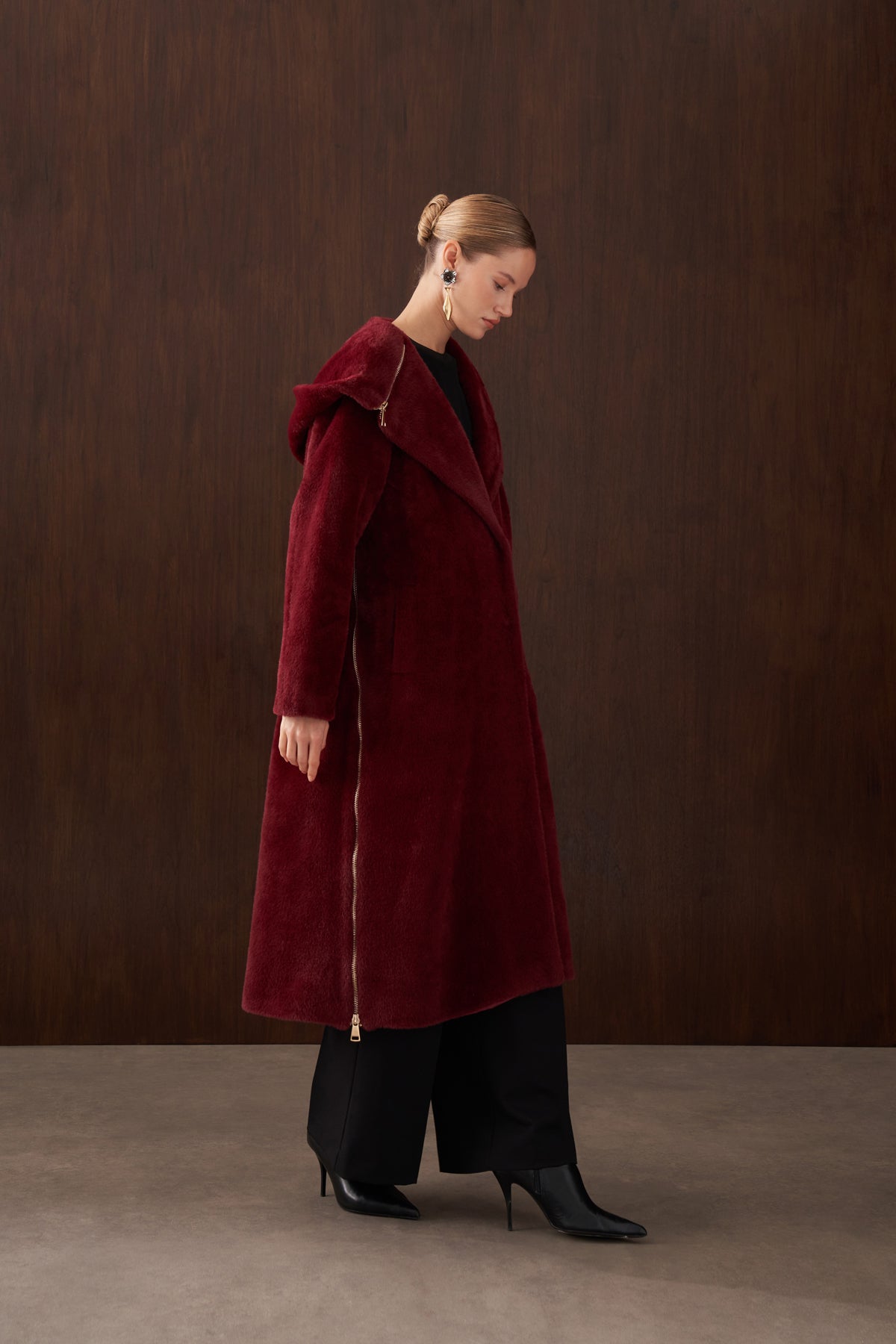 Fermuar Detaylı Kapüşonlu Angora Kaban - bordo