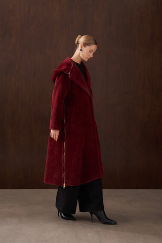 Fermuar Detaylı Kapüşonlu Angora Kaban - bordo