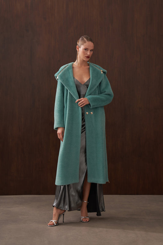 Fermuar Detaylı Kapüşonlu Angora Kaban - mint yeşili