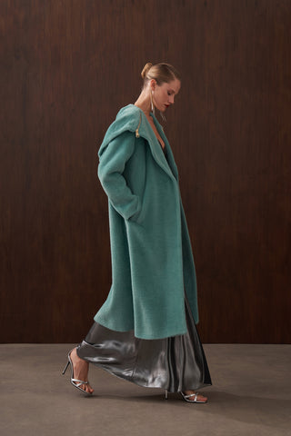 Fermuar Detaylı Kapüşonlu Angora Kaban - mint yeşili