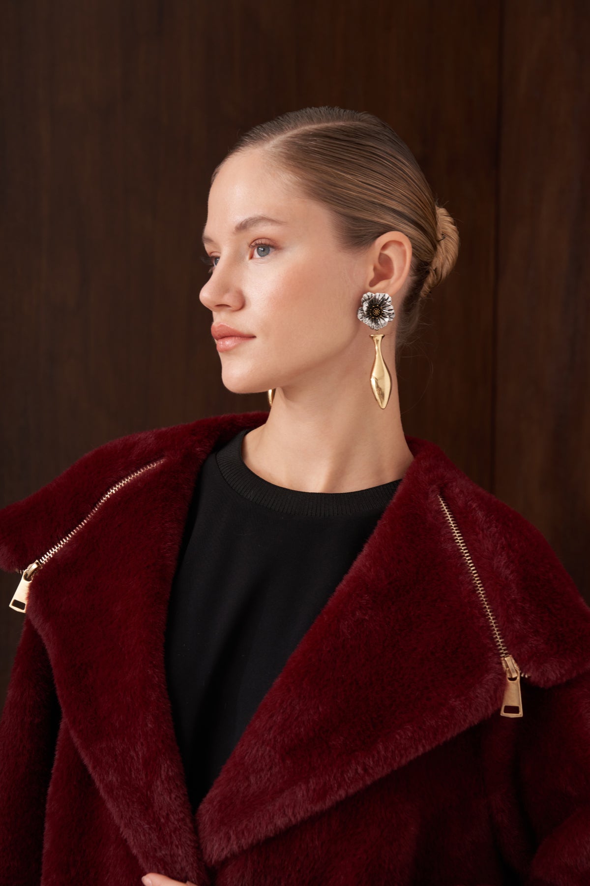 Fermuar Detaylı Kapüşonlu Angora Kaban - bordo