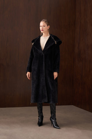 Fermuar Detaylı Kapüşonlu Angora Kaban - siyah