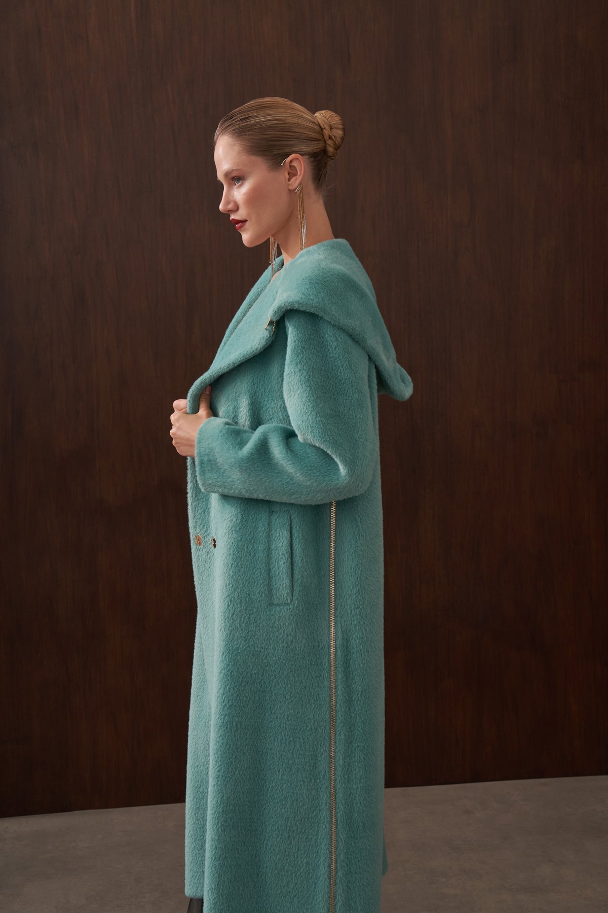 Fermuar Detaylı Kapüşonlu Angora Kaban - mint yeşili