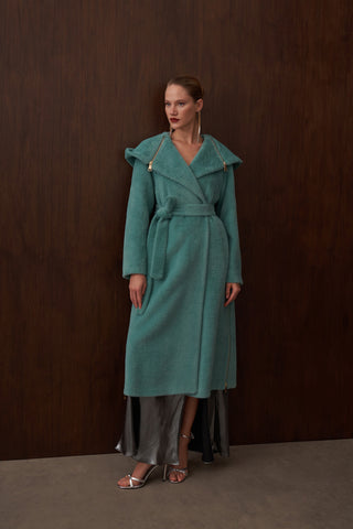 Fermuar Detaylı Kapüşonlu Angora Kaban - mint yeşili