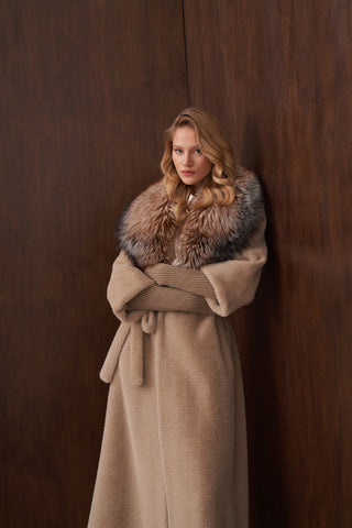 Triko Detaylı Kürklü Angora Kaban - koyu bej