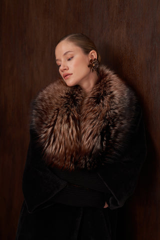 Triko Detaylı Kürklü Angora Kaban - siyah