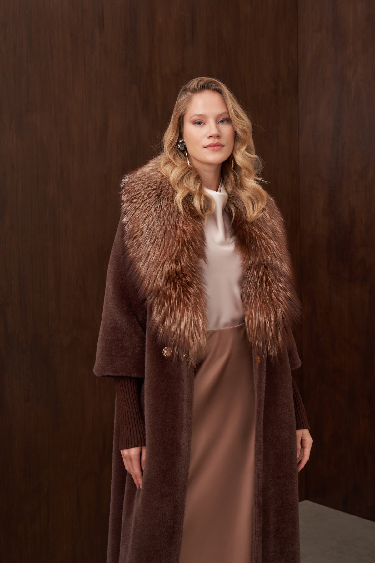 Triko Detaylı Kürklü Angora Kaban - kahve