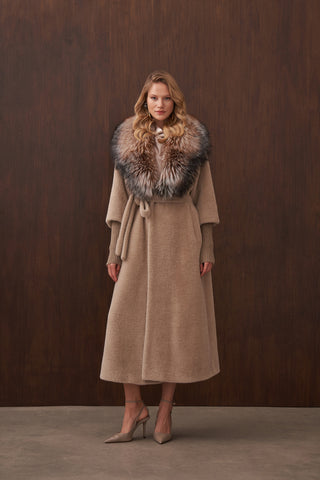 Triko Detaylı Kürklü Angora Kaban - koyu bej