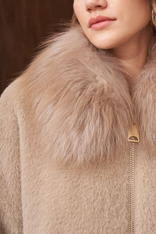 Kürklü Elişi ve Triko Detaylı Angora Kaban - koyu bej