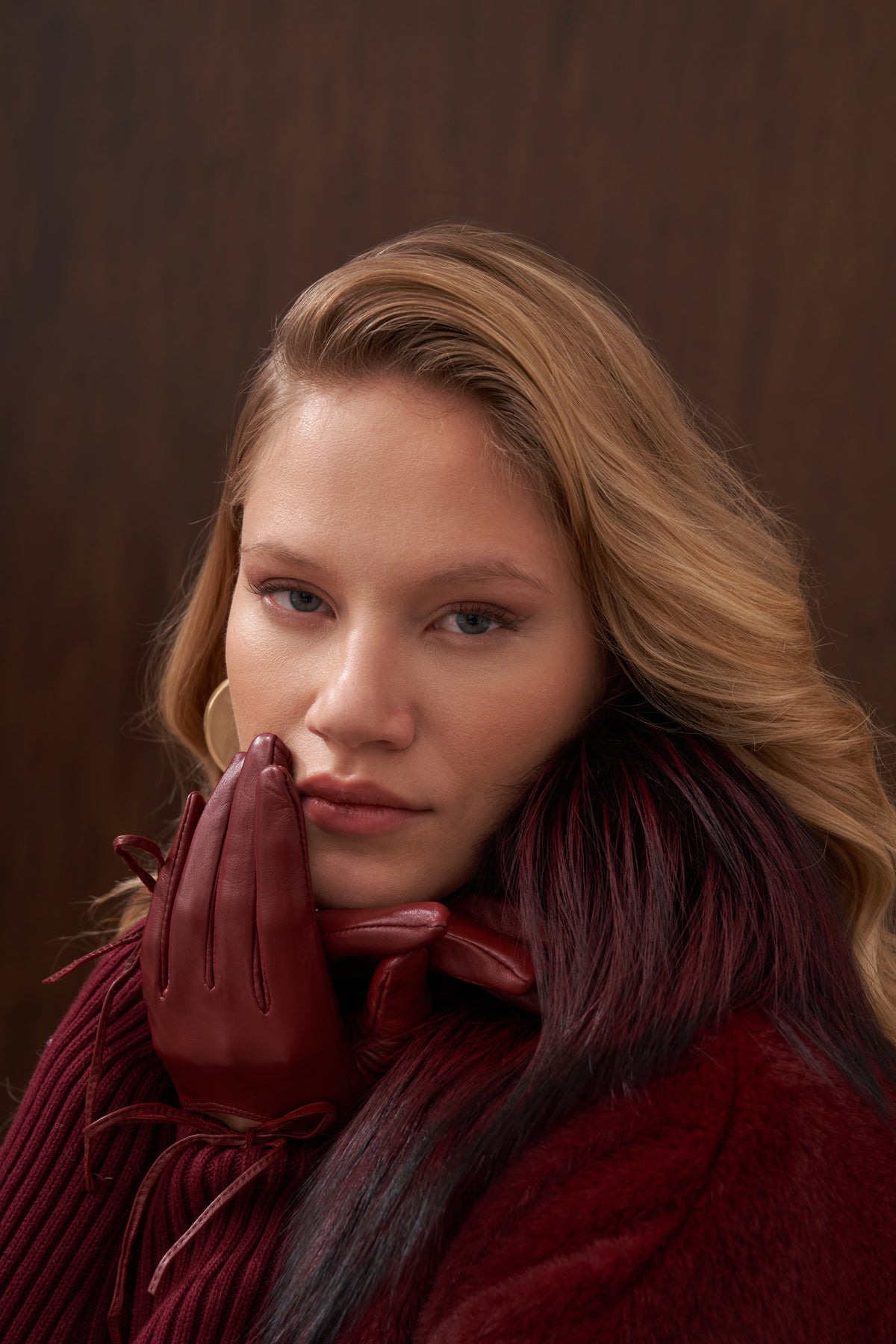 Kürklü Elişi ve Triko Detaylı Angora Kaban - bordo