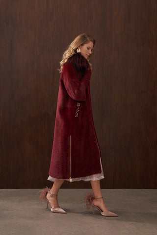 Kürklü Elişi ve Triko Detaylı Angora Kaban - bordo