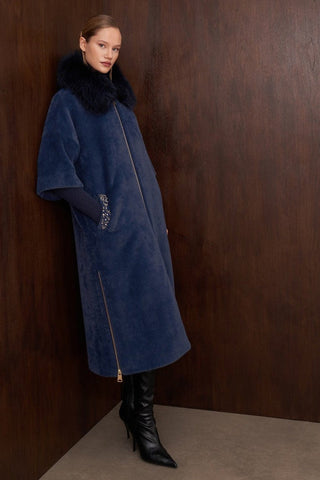 Kürklü Elişi ve Triko Detaylı Angora Kaban - indigo