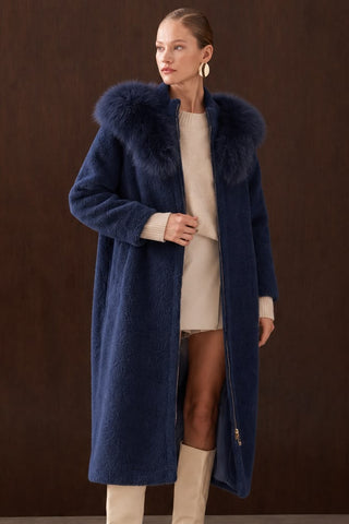 Omuzdan Şal Detaylı Kürklü Angora Kaban - indigo