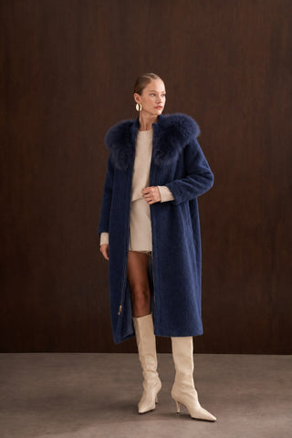 Omuzdan Şal Detaylı Kürklü Angora Kaban - indigo