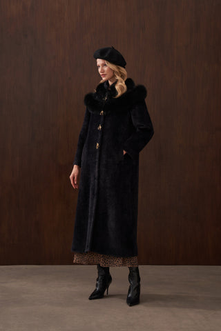 Omuzu Kürk Detaylı Düğmeli Angora Kaban - siyah