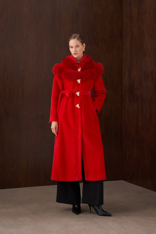 Omuzu Kürk Detaylı Düğmeli Angora Kaban - kırmızı