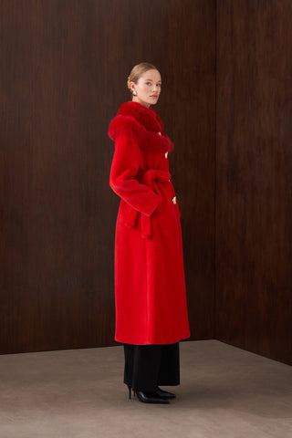 Omuzu Kürk Detaylı Düğmeli Angora Kaban - kırmızı