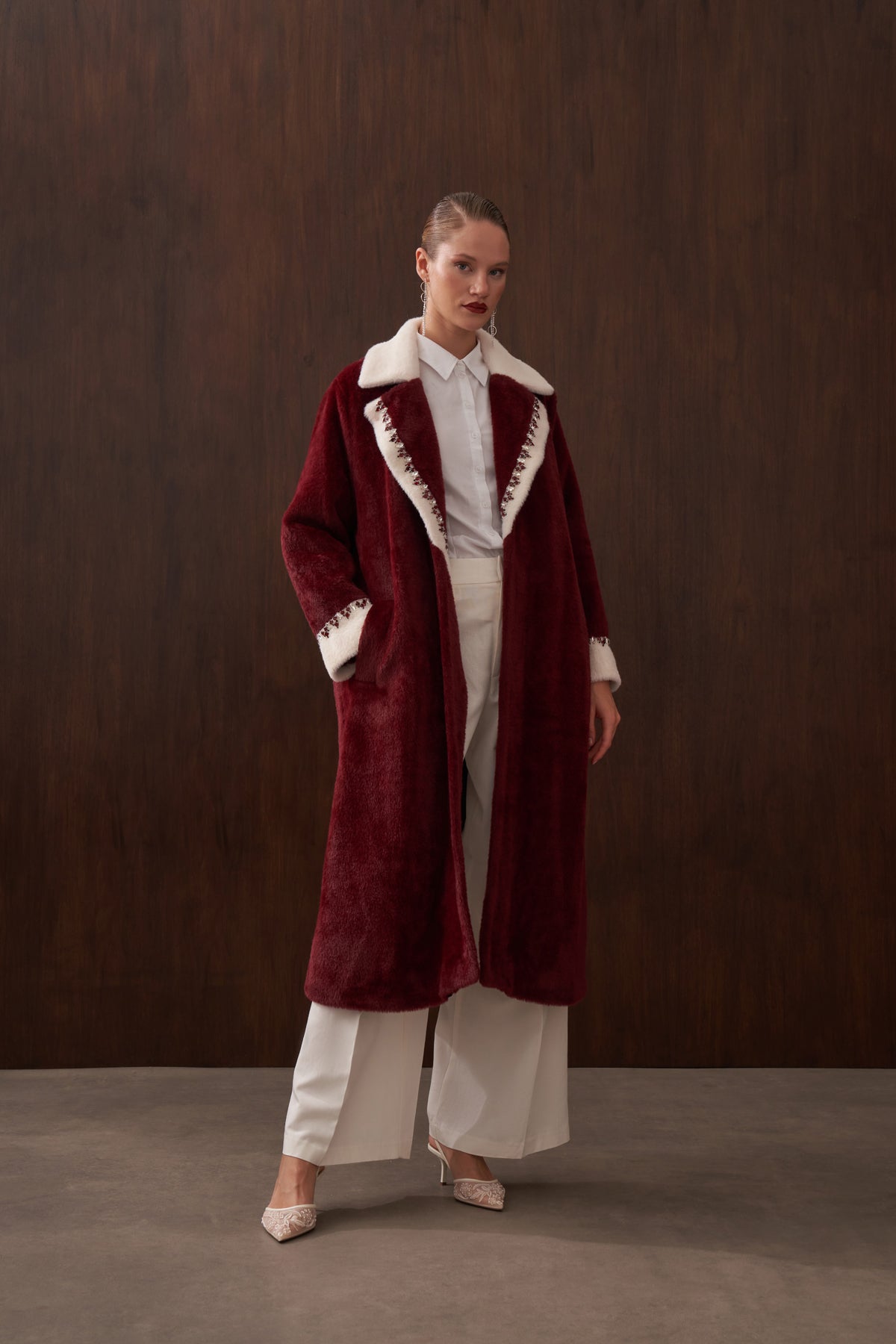 Garnili Elişi Detaylı Angora Kaban - bordo