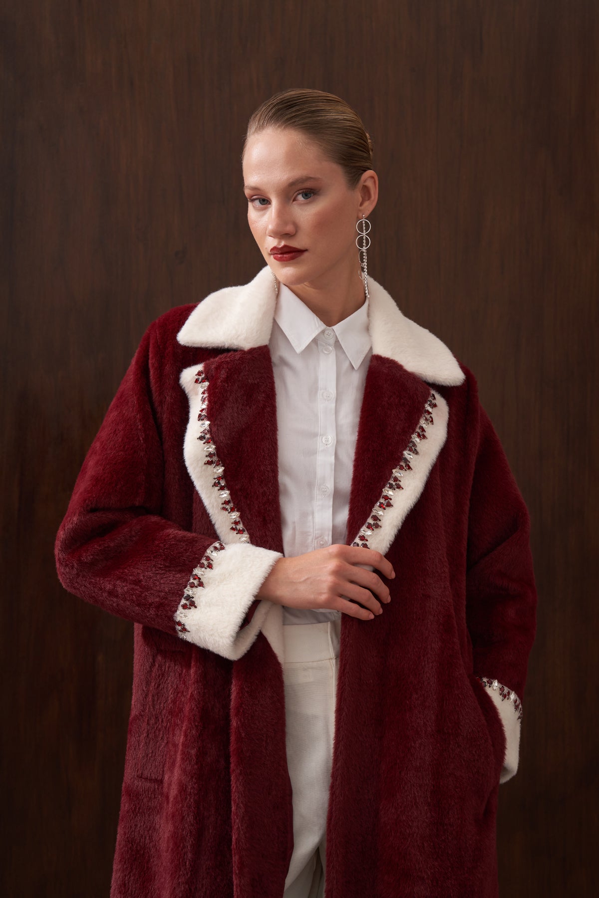 Garnili Elişi Detaylı Angora Kaban - bordo