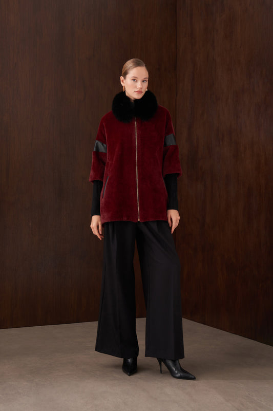 Triko Detaylı Hakim Yaka Kürklü Angora Kaban - bordo