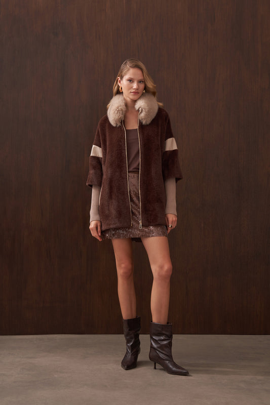 Triko Detaylı Hakim Yaka Kürklü Angora Kaban - kahve