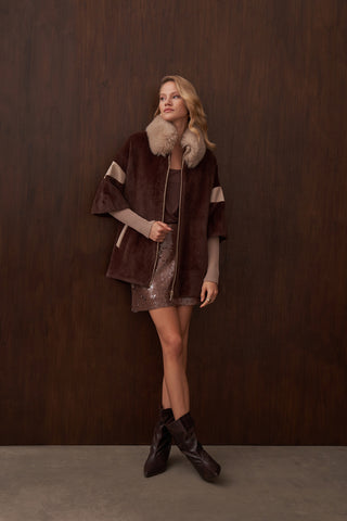 Triko Detaylı Hakim Yaka Kürklü Angora Kaban - kahve