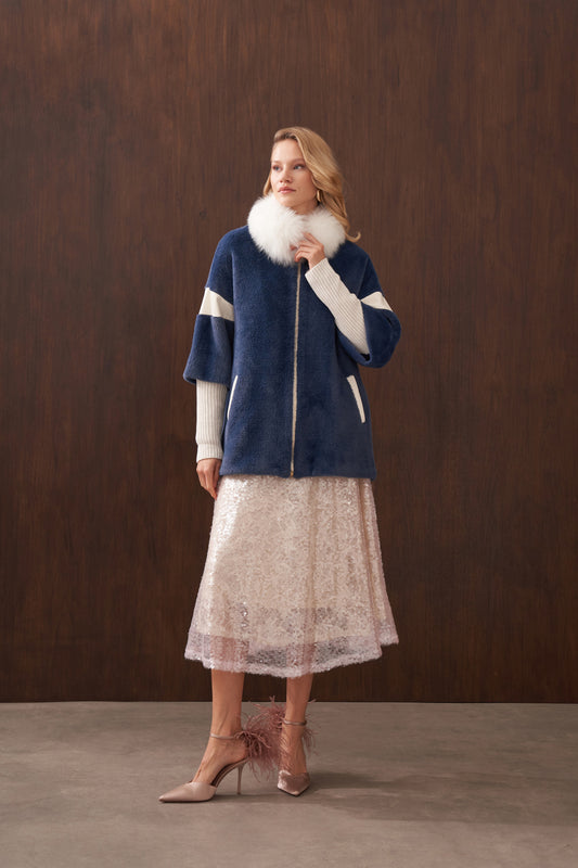 Triko Detaylı Hakim Yaka Kürklü Angora Kaban - indigo