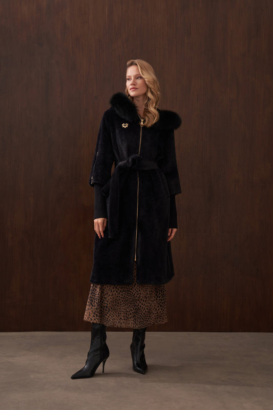 Kolları Triko Detaylı Kapüşonu Kürklü Angora Kaban - siyah