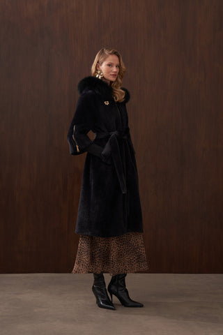 Kolları Triko Detaylı Kapüşonu Kürklü Angora Kaban - siyah