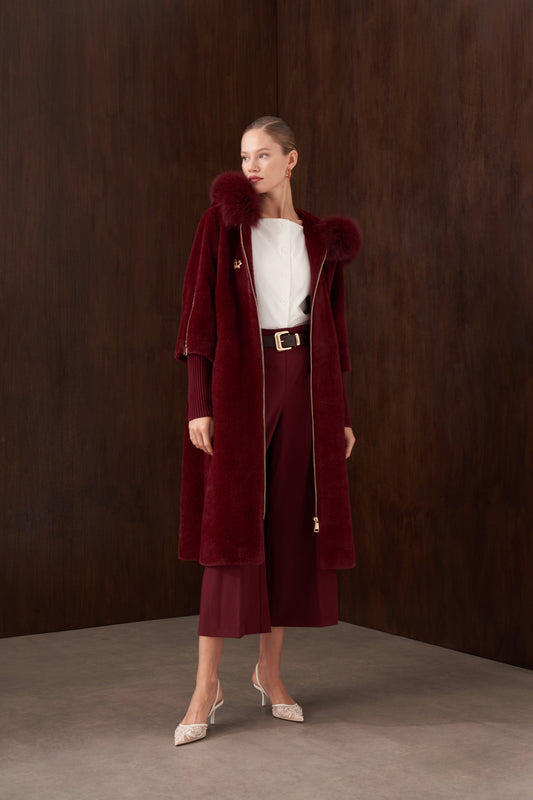 Kolları Triko Detaylı Kapüşonu Kürklü Angora Kaban - bordo
