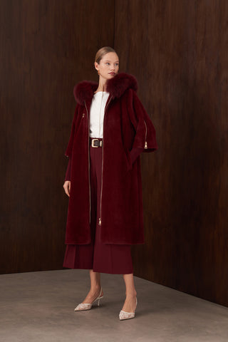 Kolları Triko Detaylı Kapüşonu Kürklü Angora Kaban - bordo