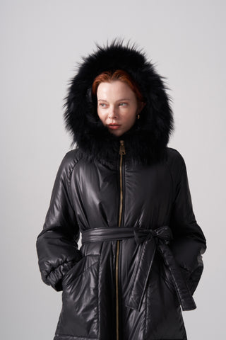 Kapitoneli İki Renk Kürklü Fermuar Detaylı Kaban - siyah