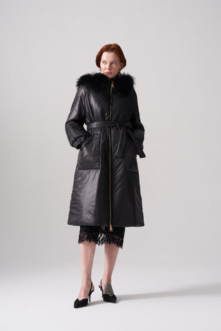 Kapitoneli İki Renk Kürklü Fermuar Detaylı Kaban - siyah