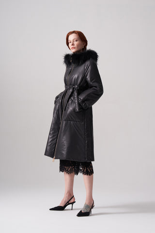 Kapitoneli İki Renk Kürklü Fermuar Detaylı Kaban - siyah