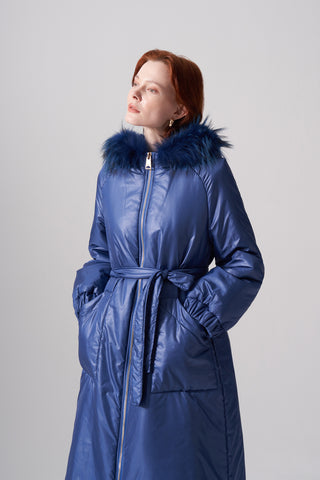 Kapitoneli İki Renk Kürklü Fermuar Detaylı Kaban - indigo