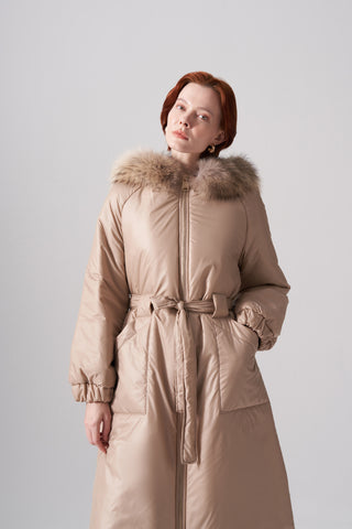 Kapitoneli İki Renk Kürklü Fermuar Detaylı Kaban - bej