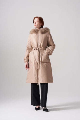 Kapitoneli İki Renk Kürklü Fermuar Detaylı Kaban - bej