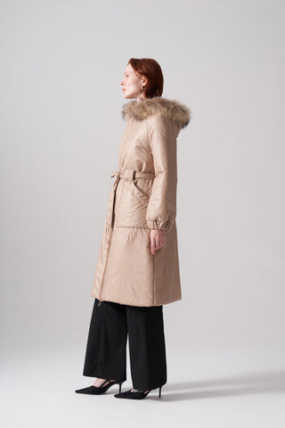 Kapitoneli İki Renk Kürklü Fermuar Detaylı Kaban - bej