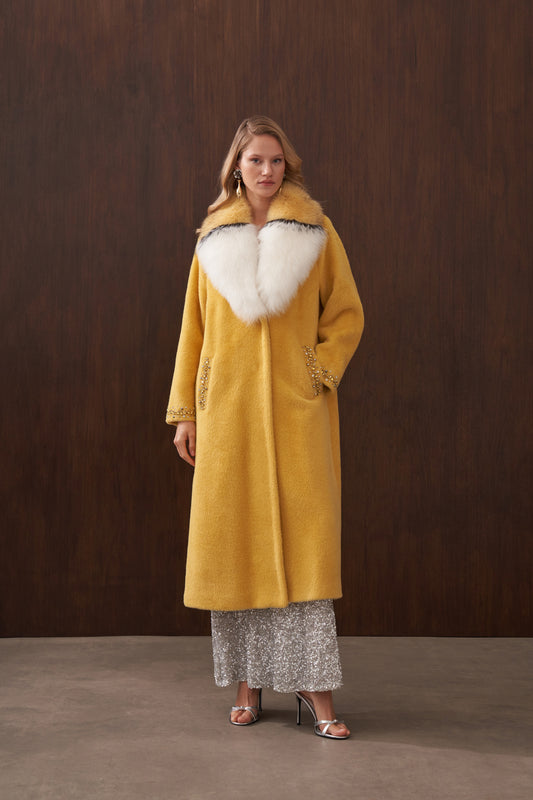 Çift Renk Kürklü Elişi Detaylı Angora Kaban - sarı